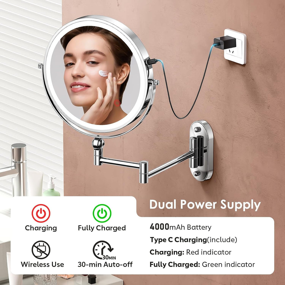 9-Inch Wall Mounted Lighted Makeup Mirror with 4000mAh Rechargeable Battery and Extendable Arm