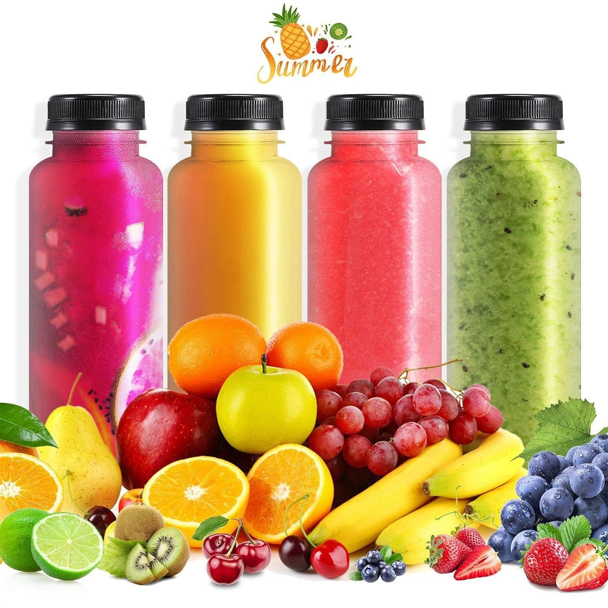 48 Pack 8oz Plastic Juice Bottles with Black Tamper-Evident Caps - Disposable PET Drink Containers