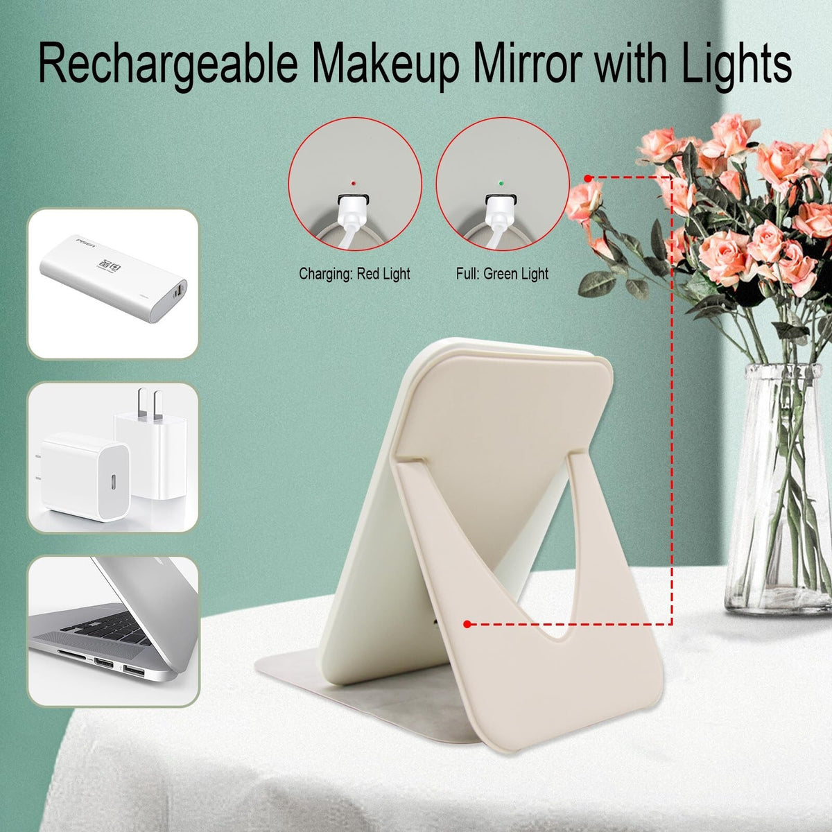 Travel Lighted Makeup Mirror with 3 Color Modes, USB Rechargeable, Foldable Tabletop