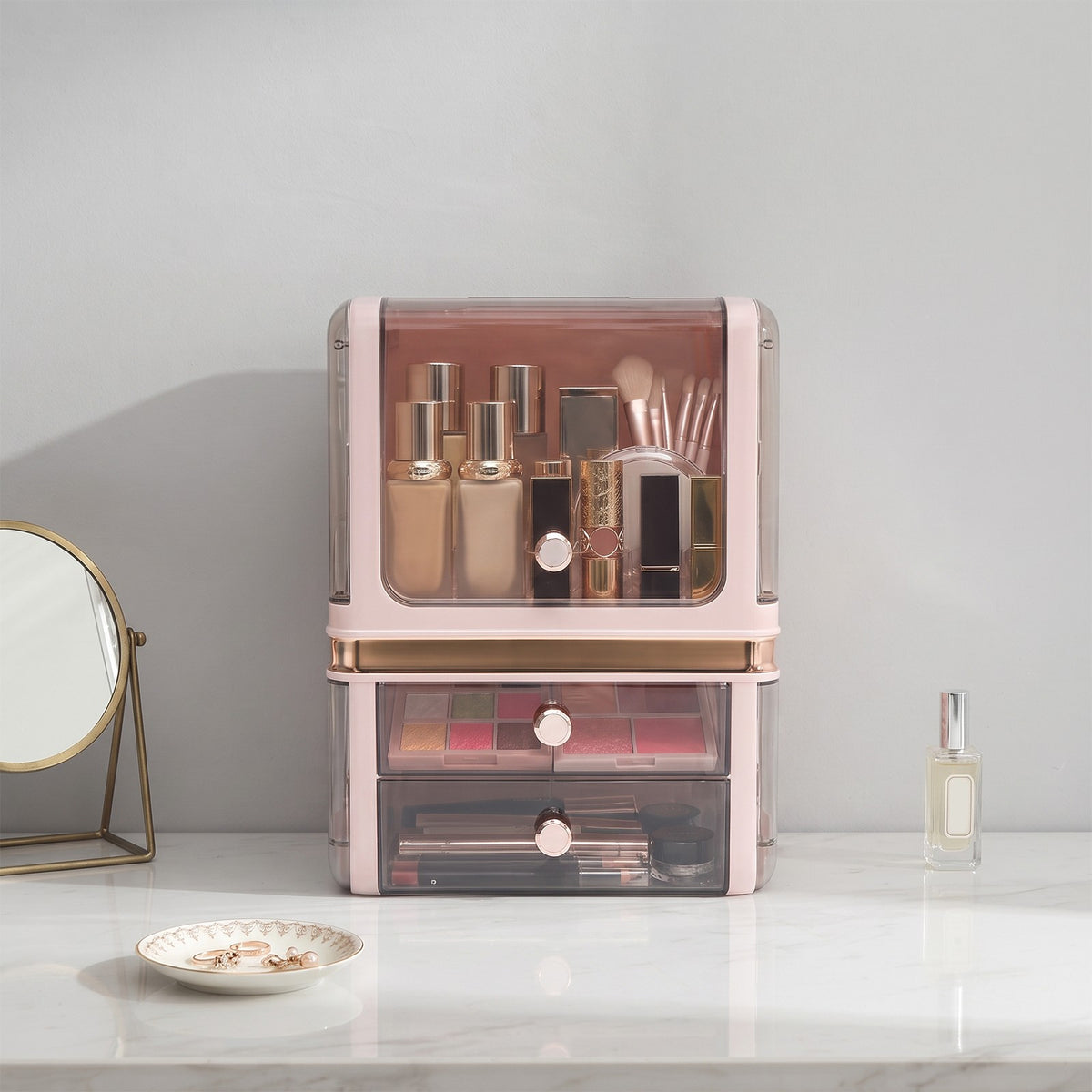Pink Makeup Organizer with Drawers - Cosmetic Storage Box for Vanity