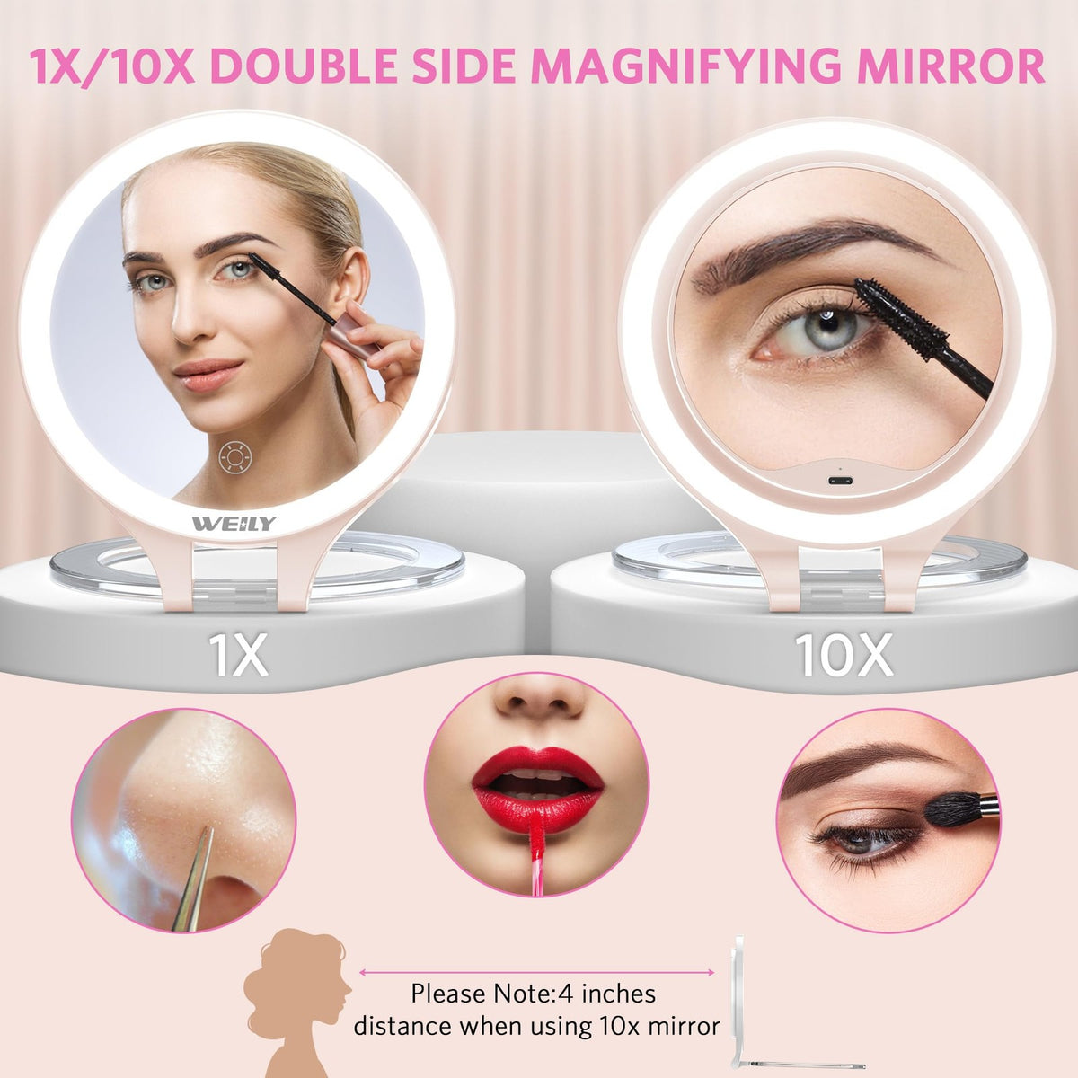 Rechargeable LED Travel Makeup Mirror 10X/1X Double-Sided with Light