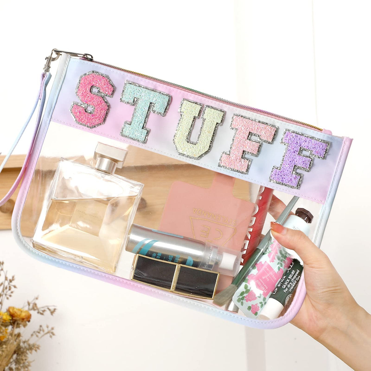 Clear Nylon Travel Makeup Bag with Chenille Letter Zipper Pouch 11.8x8.2 Inch