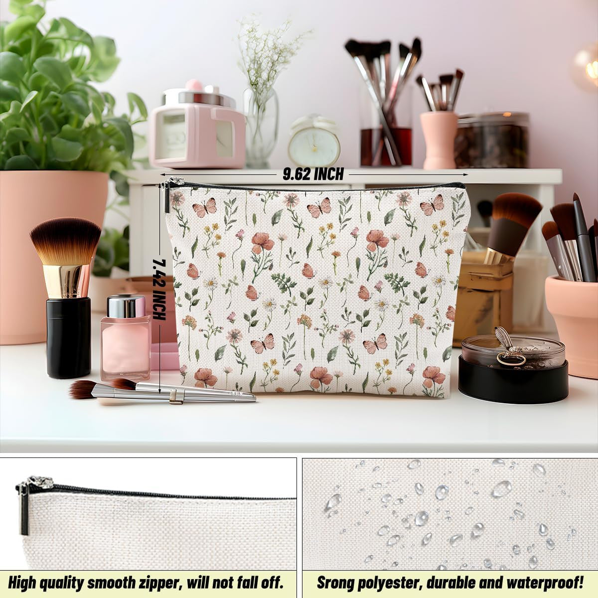 Floral Makeup Bags Set for Women - Travel Toiletry Organizer, Water-Resistant Cotton Canvas, 4 Pack