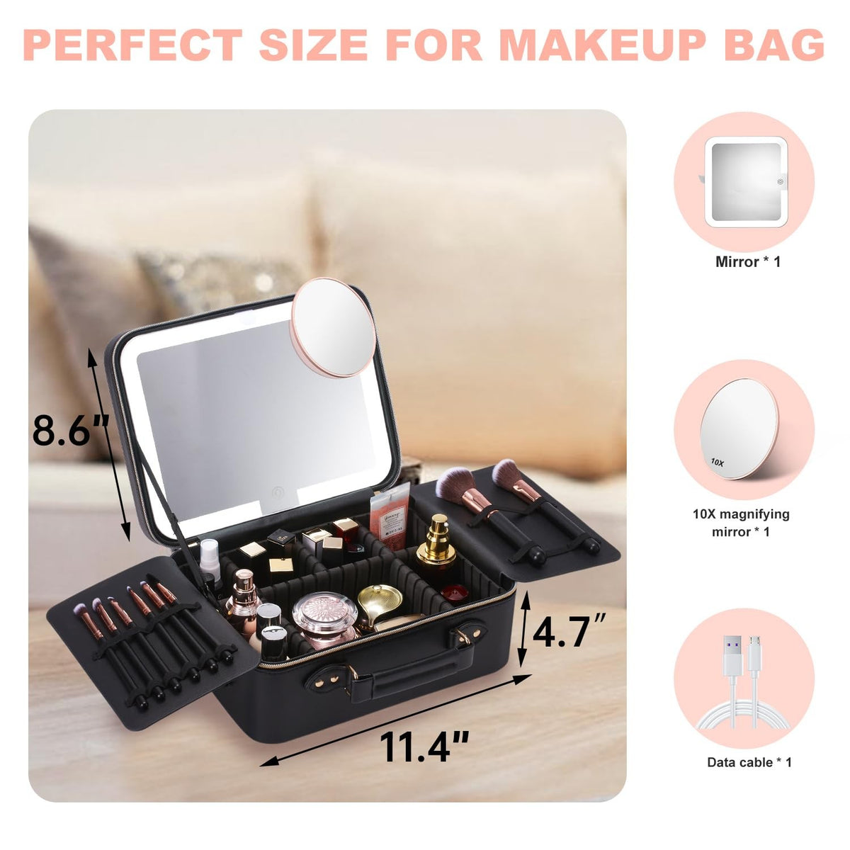 Travel Makeup Bag with LED Lighted Mirror, Waterproof Cosmetic Organizer