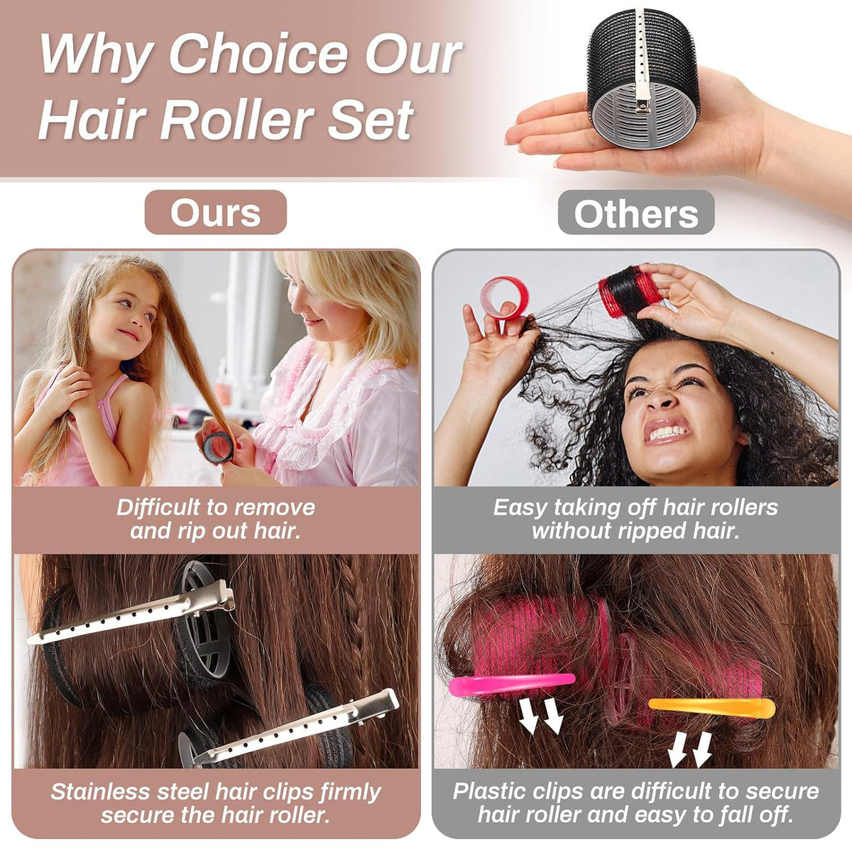 Self Grip Hair Curlers Set with 8 Large & Jumbo Sizes, 8 Clips for Long Hair