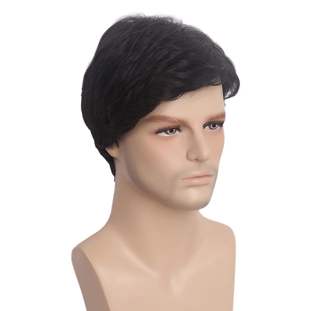 Men's Short Black Wavy Synthetic Wig for Daily & Cosplay Use