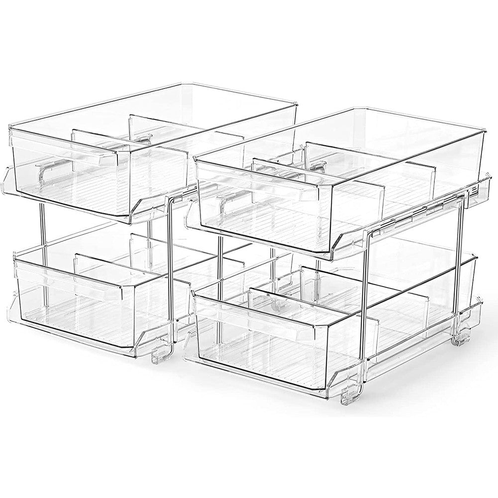 2-Pack Acrylic Drawer Organizer Set with Removable Dividers for Kitchen Bathroom and Fridge Storage
