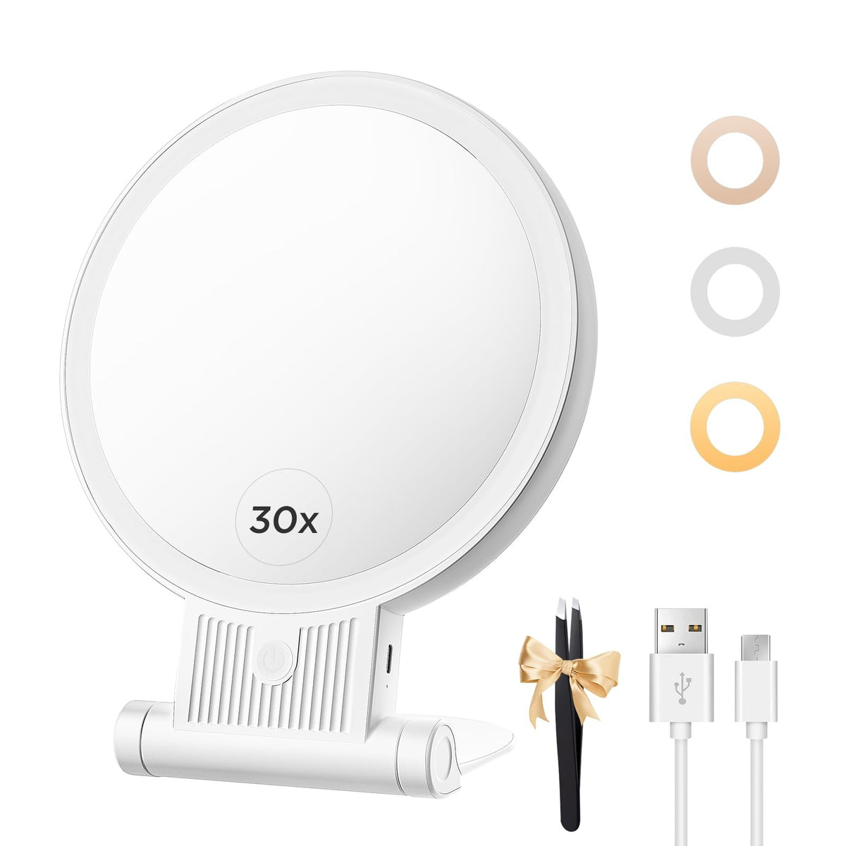 Lighted Double-Sided Makeup Mirror with 30X Magnification & Adjustable Brightness