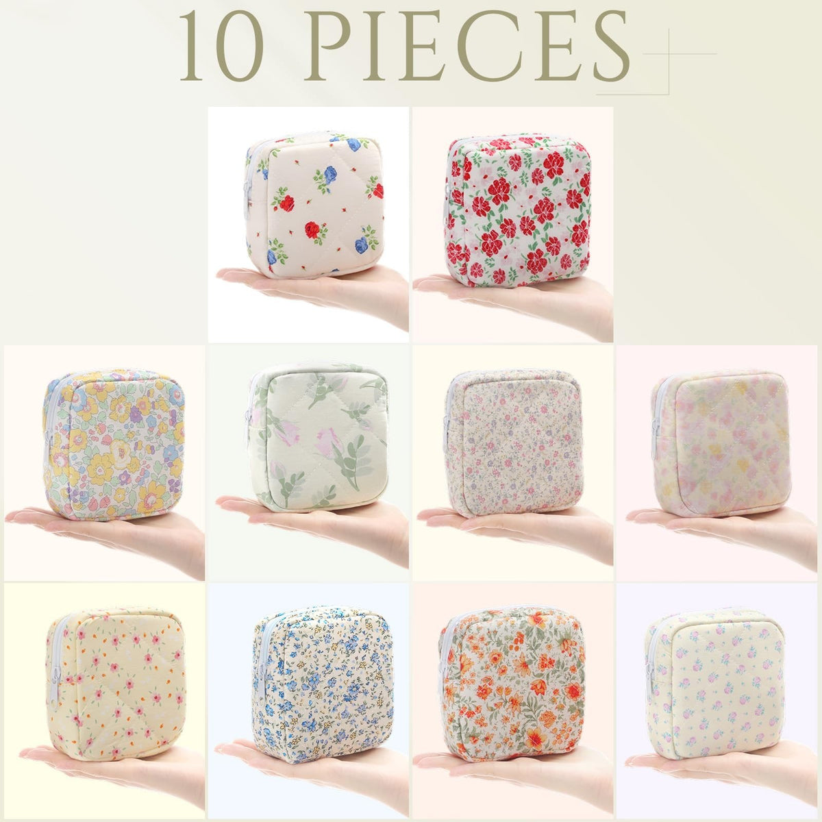10 Pcs Floral Quilted Cotton Makeup Bags Set - Travel Cosmetic Organizer
