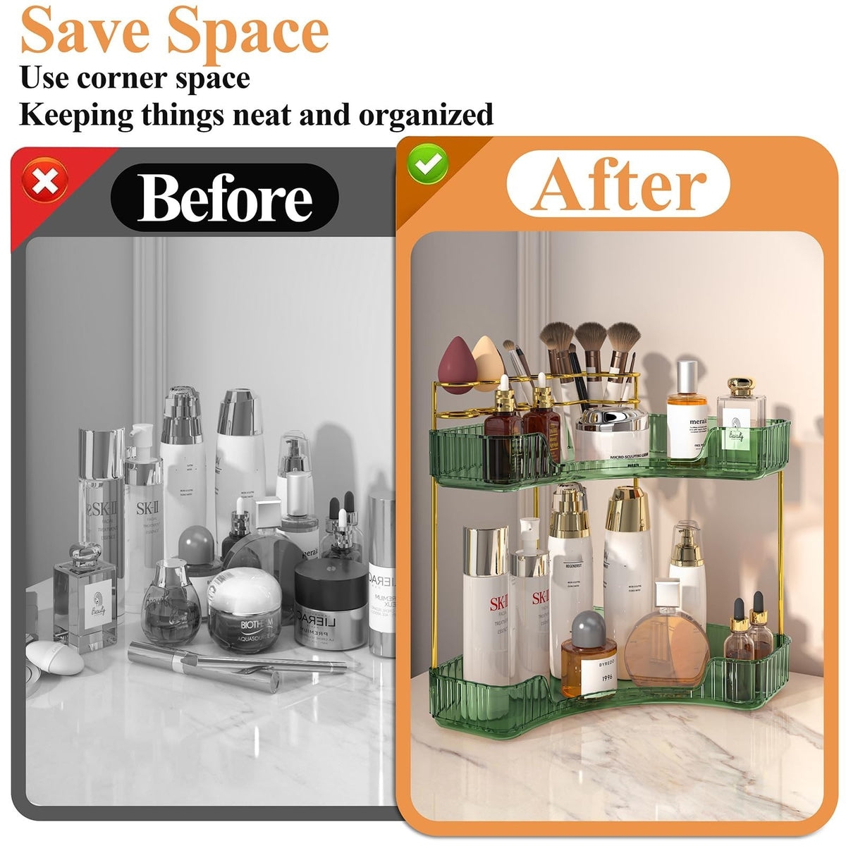 Corner Bathroom Counter Organizer with Makeup Brush Holder - 2 Tier Acrylic Storage Shelf, Green