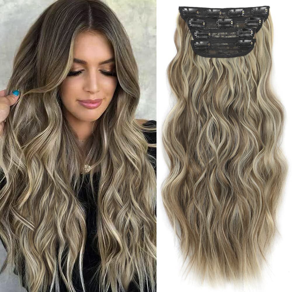 4PCS Clip-In Wavy Hair Extensions Long Synthetic Weft - Natural Blonde to Brown