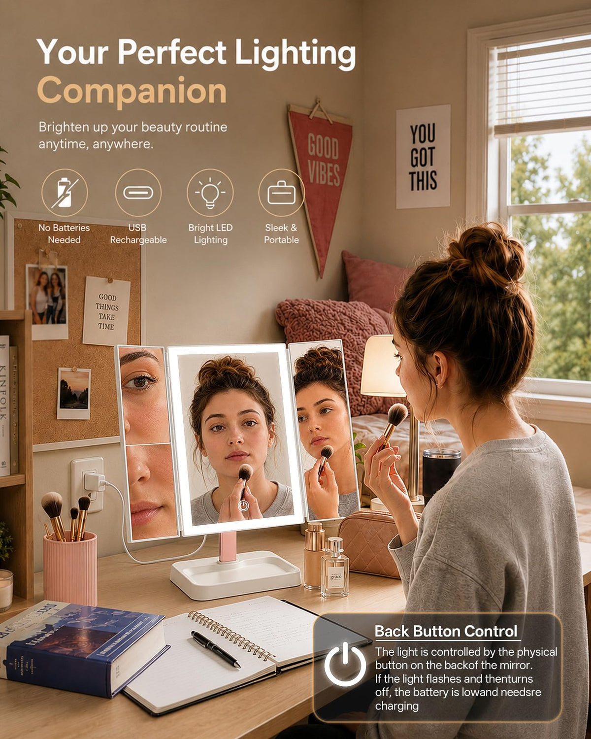 Rechargeable Lighted Makeup Vanity Mirror with 76 LED Lights & Magnification