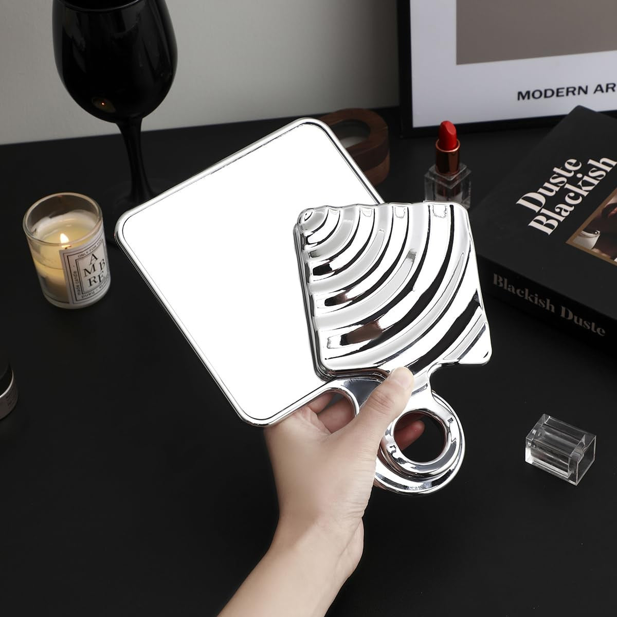 Square Handheld Mirror with Handle - Silver Makeup Mirror 6.5x4 Inch