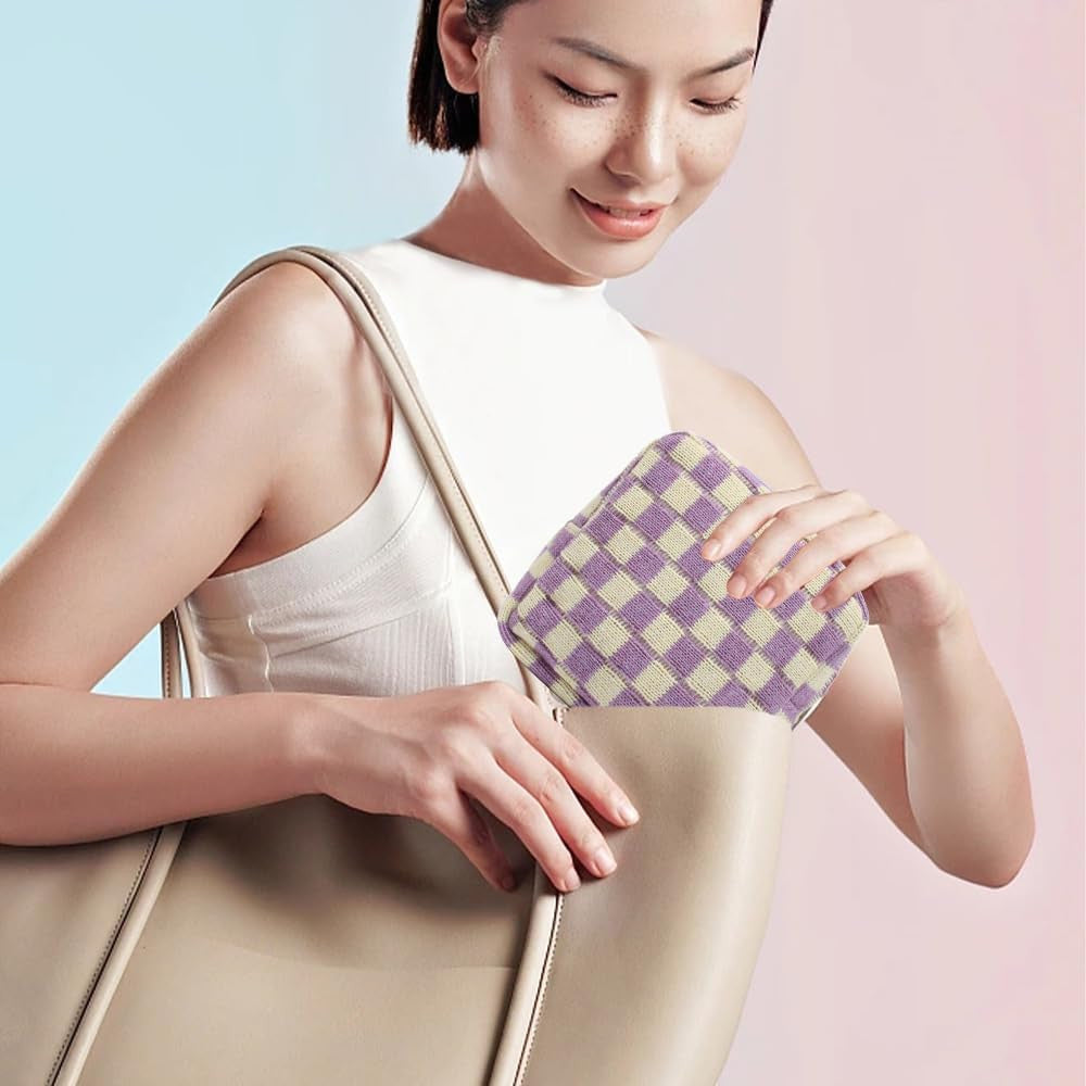 Mini Checkered Cosmetic Bag for Women - Purple Makeup Pouch with Zipper