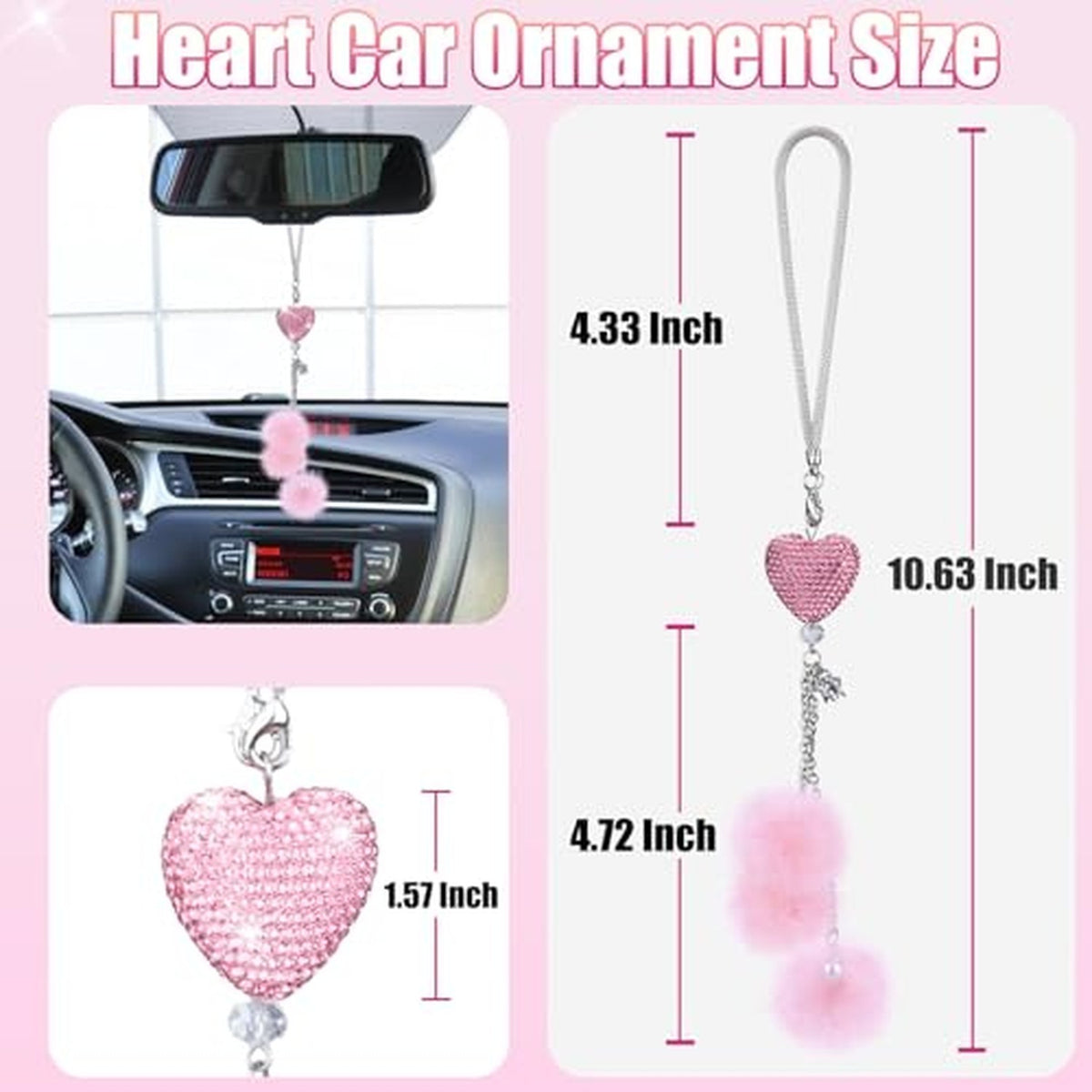 Bling Car Mirror Ornament with Pink Heart and Plush Balls - Car Interior Decor