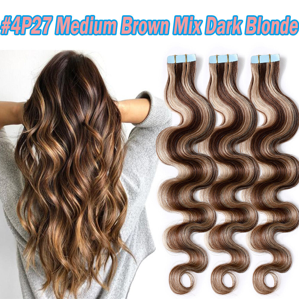 Thick Tape in Remy Human Hair Extensions Invisible Skin Weft Full Head