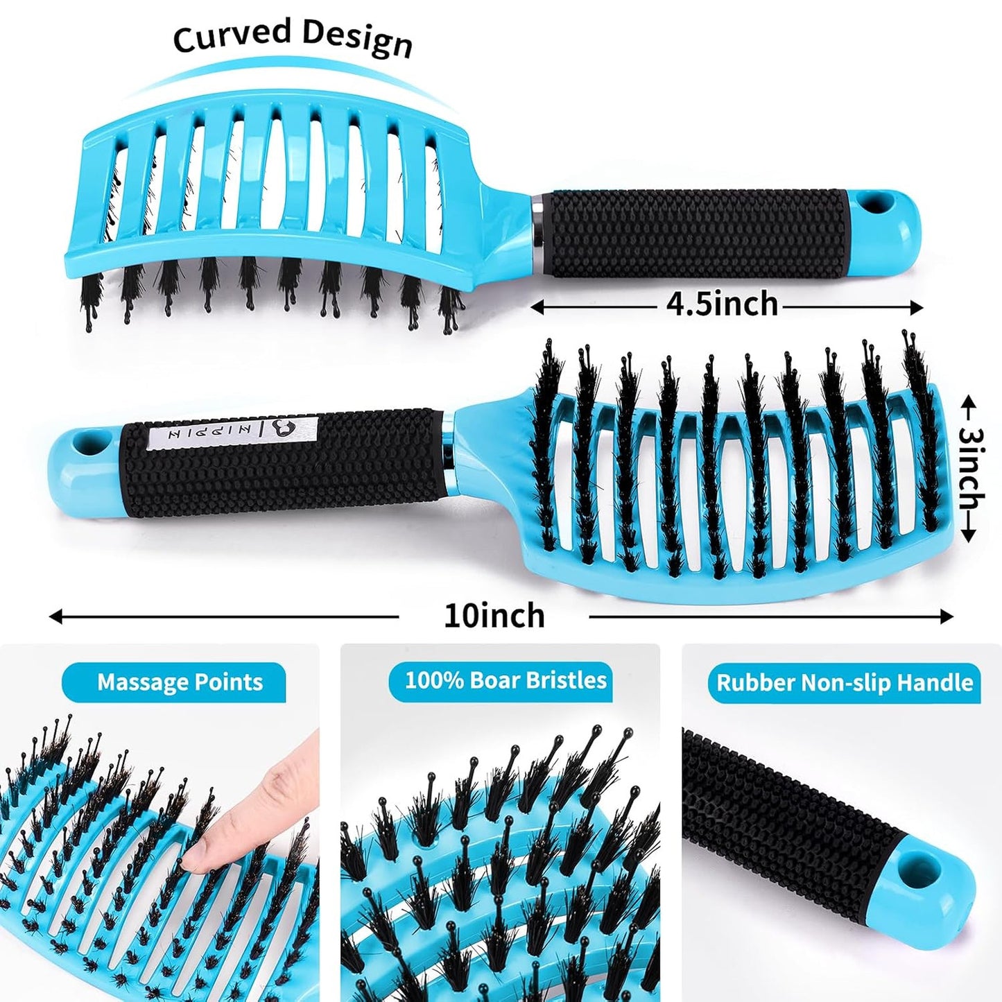 Boar Bristle Hair Brush Set of 2 for Detangling and Smoothing - Wet & Dry Hair