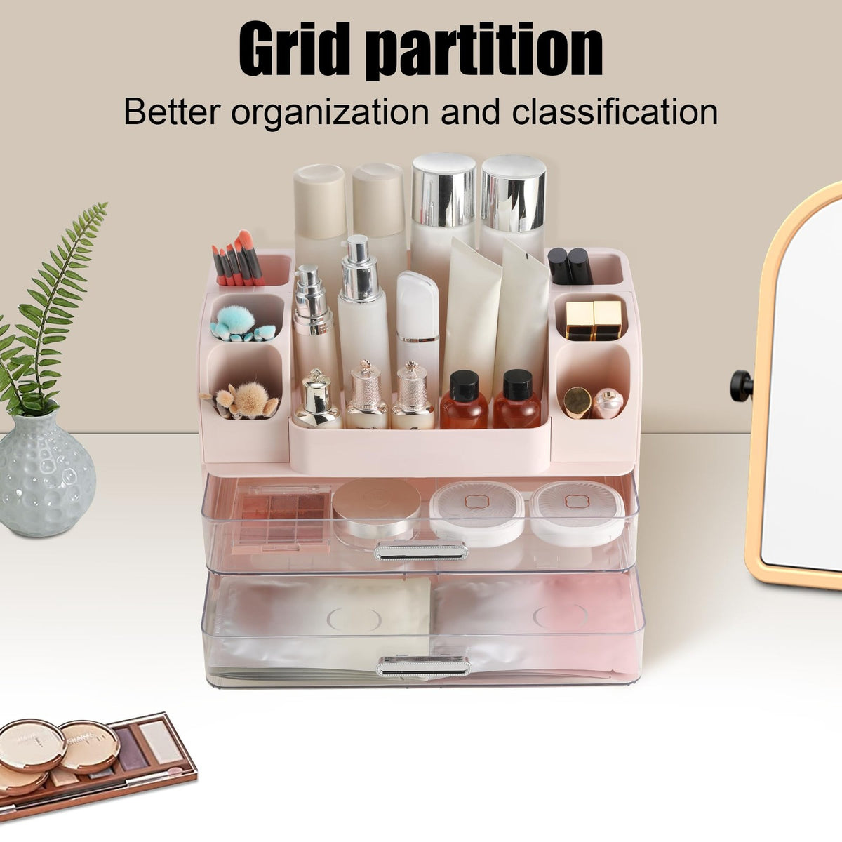 Large Makeup Organizer with Drawers and Compartments Pink - Vanity Storage