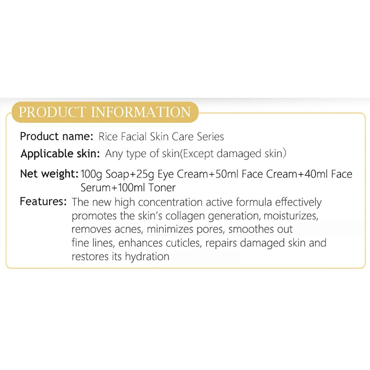 Organic Rice Facial Skincare Set with Cleansers, Toner, Cream & Eye Cream - 5PCS