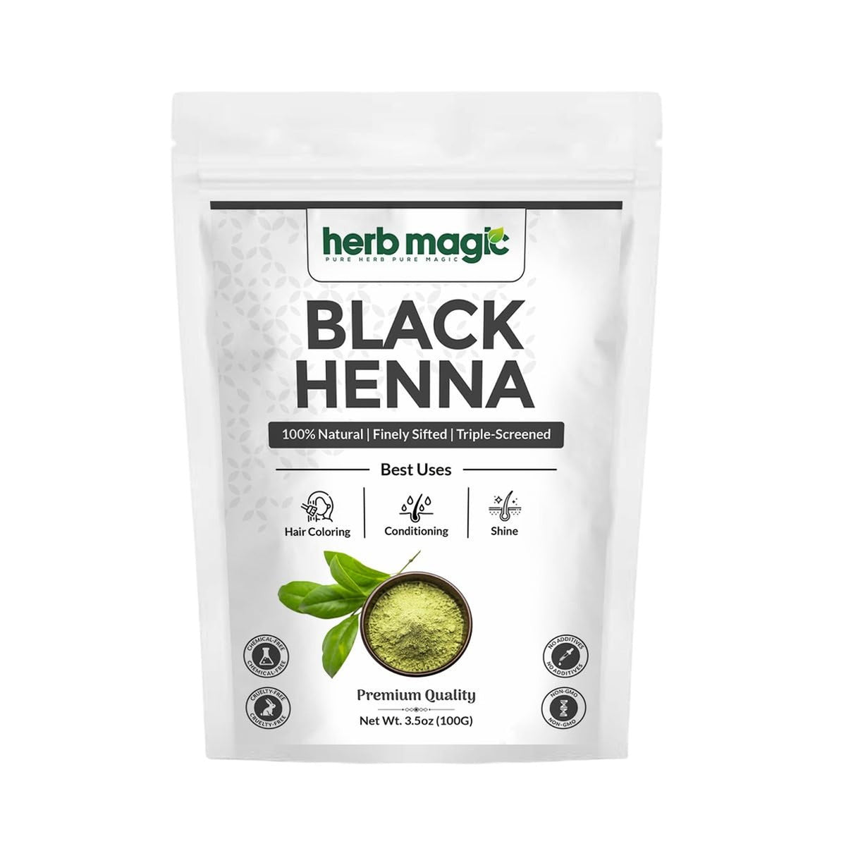 Herb Magic Black Henna Powder Hair Dye for Grey Coverage 3.5 oz Natural
