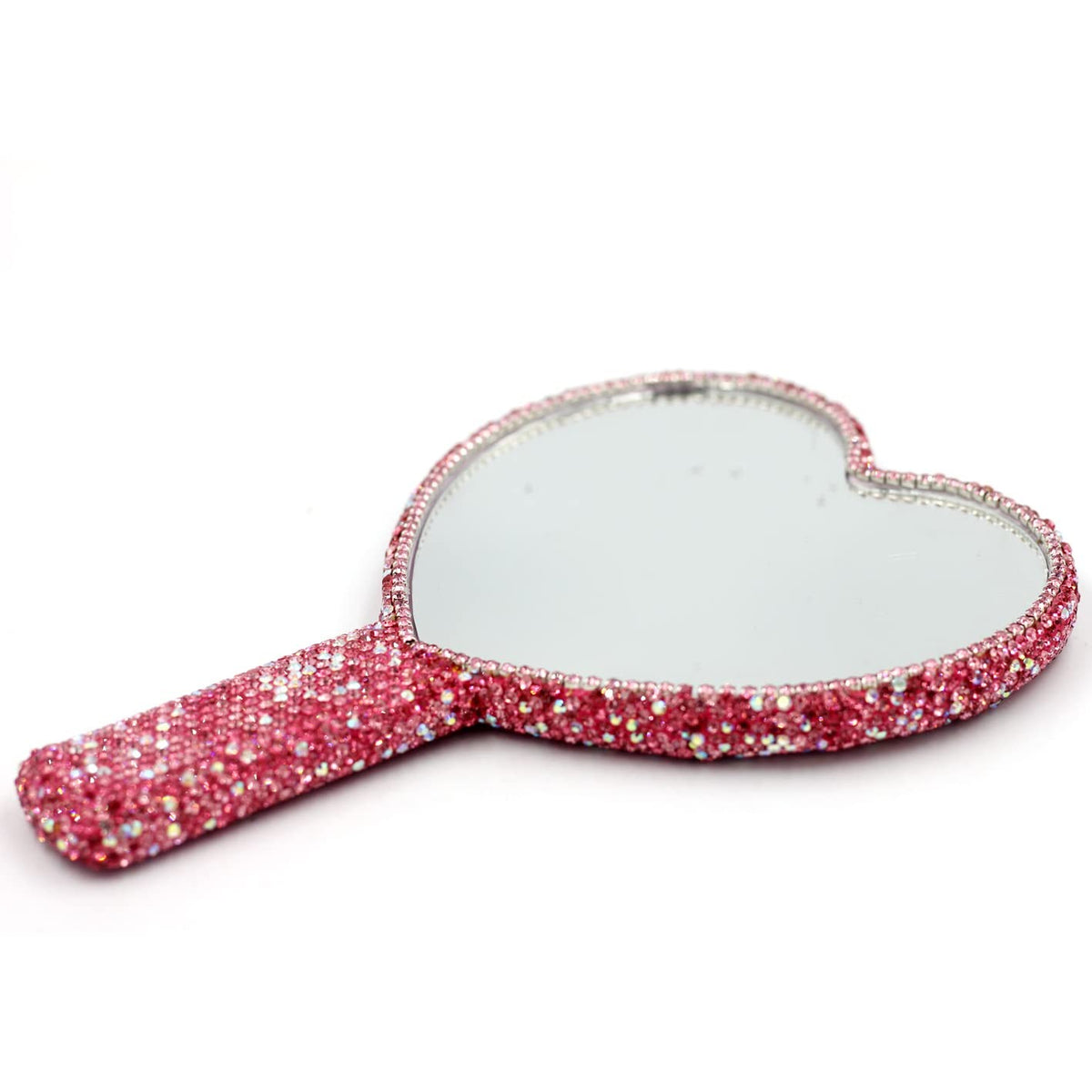 Pink Heart-Shaped Makeup Mirror with Rhinestones - Portable Handheld Cosmetic Mirror