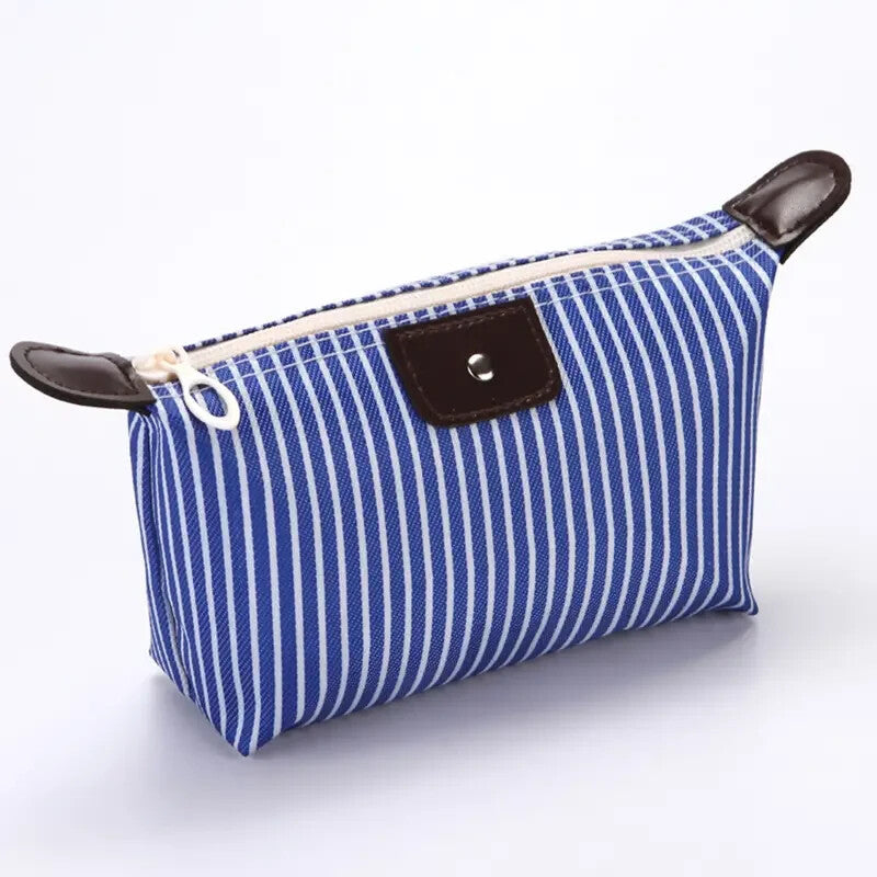 Large Foldable Travel Cosmetic Bag Waterproof Blue Striped Dumpling Style