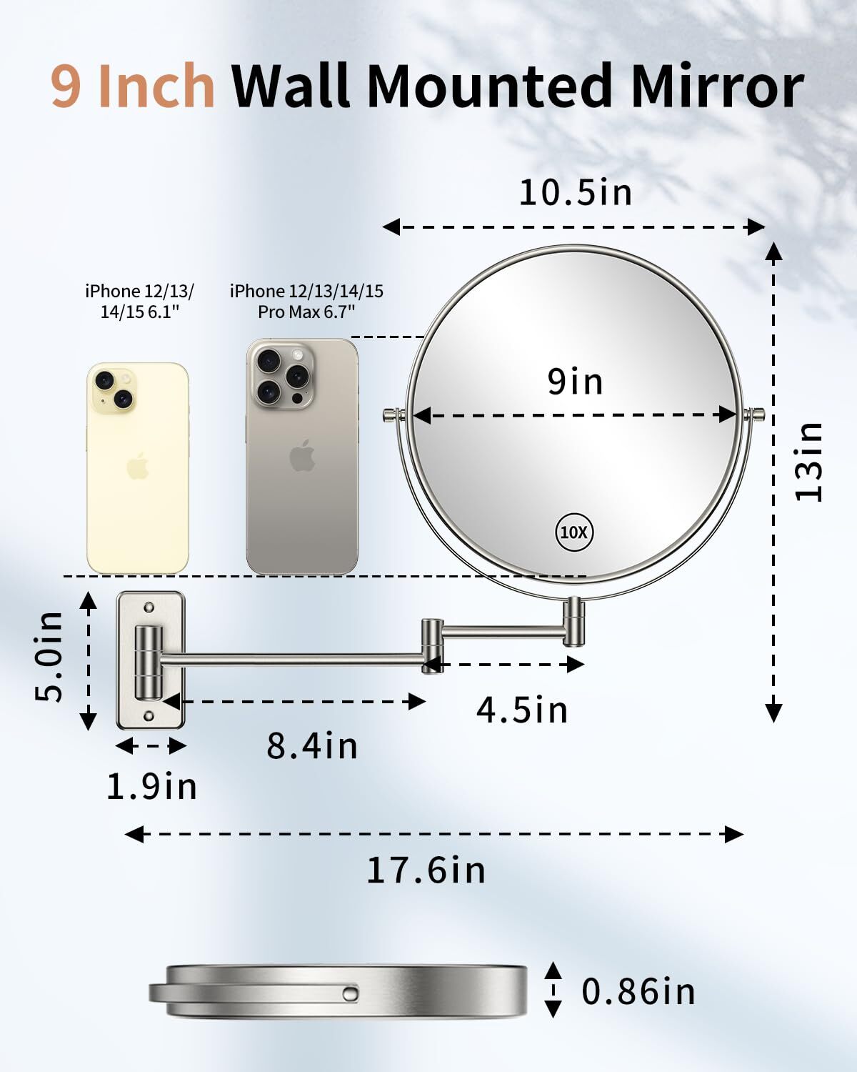 9-Inch Wall Mounted Makeup Mirror with 1X/10X Magnification, Swivel & Extendable Arm