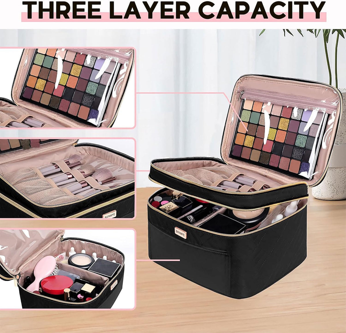 Large Travel Makeup Bag with Double Layer Design, 8.8L Capacity for Women