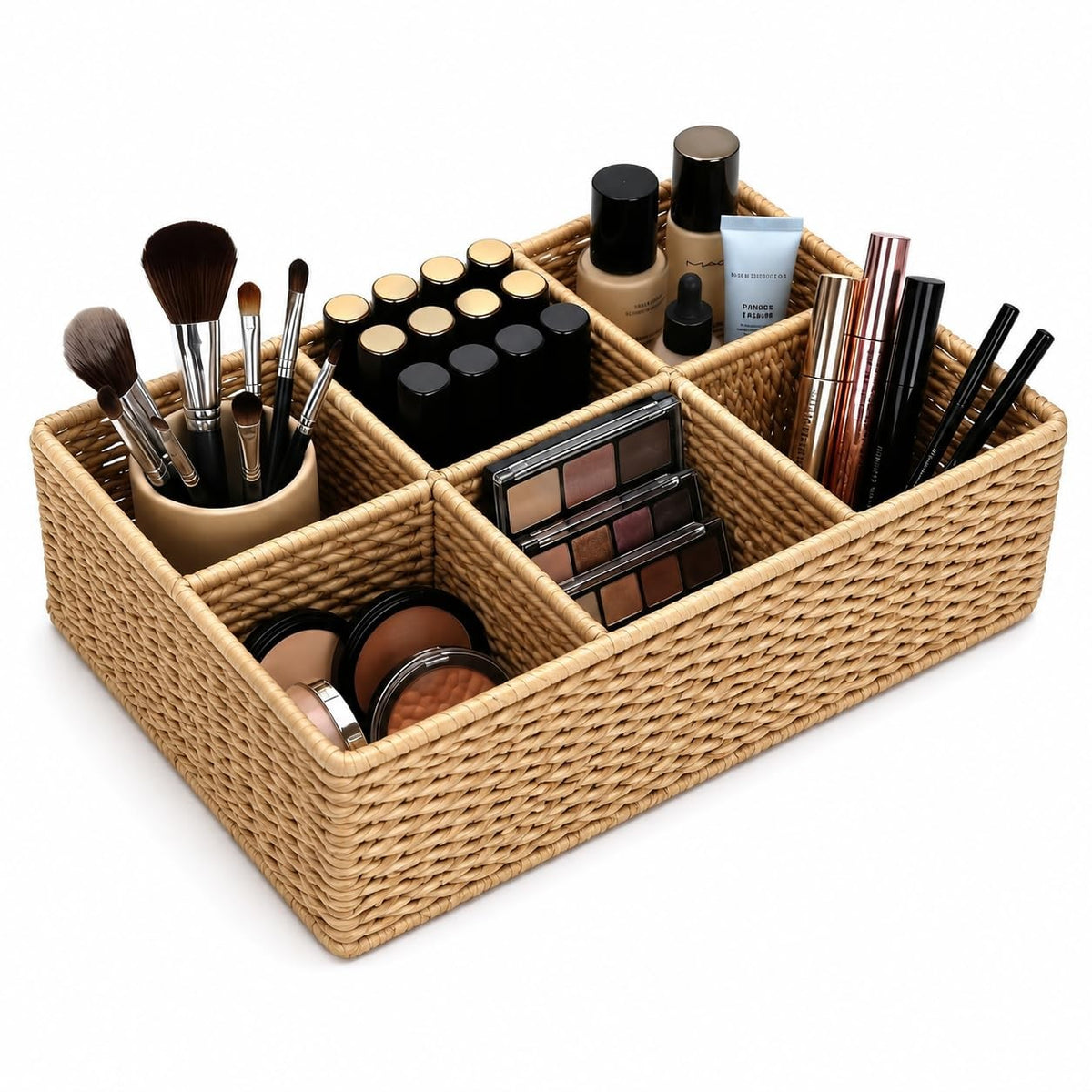 Wicker Makeup Organizer with 6 Compartments - Hand-Woven Vanity Storage Basket