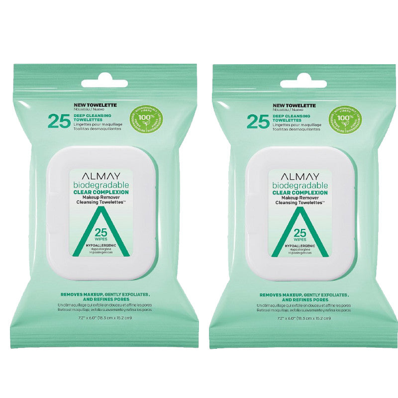 Almay Makeup Remover Cleansing Towelettes - Face Wipes, 25 Count, Pack of 2