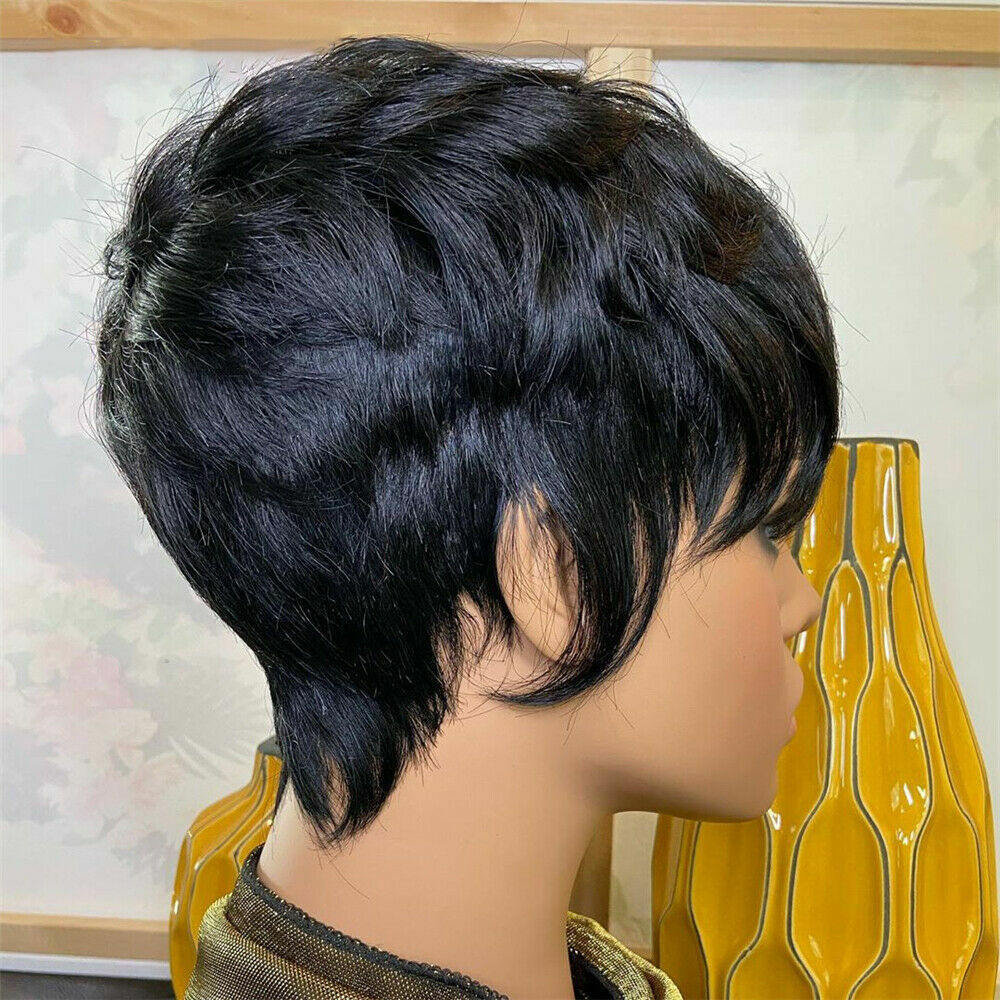 Black Pixie Cut Wig - Straight Human Hair Daily Wear Full Wig for Cosplay and Fashion