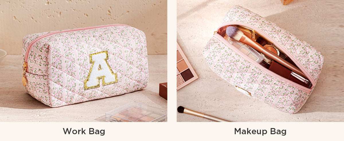 Personalized Makeup Bag for Women - Quilted Travel Cosmetic Organizer