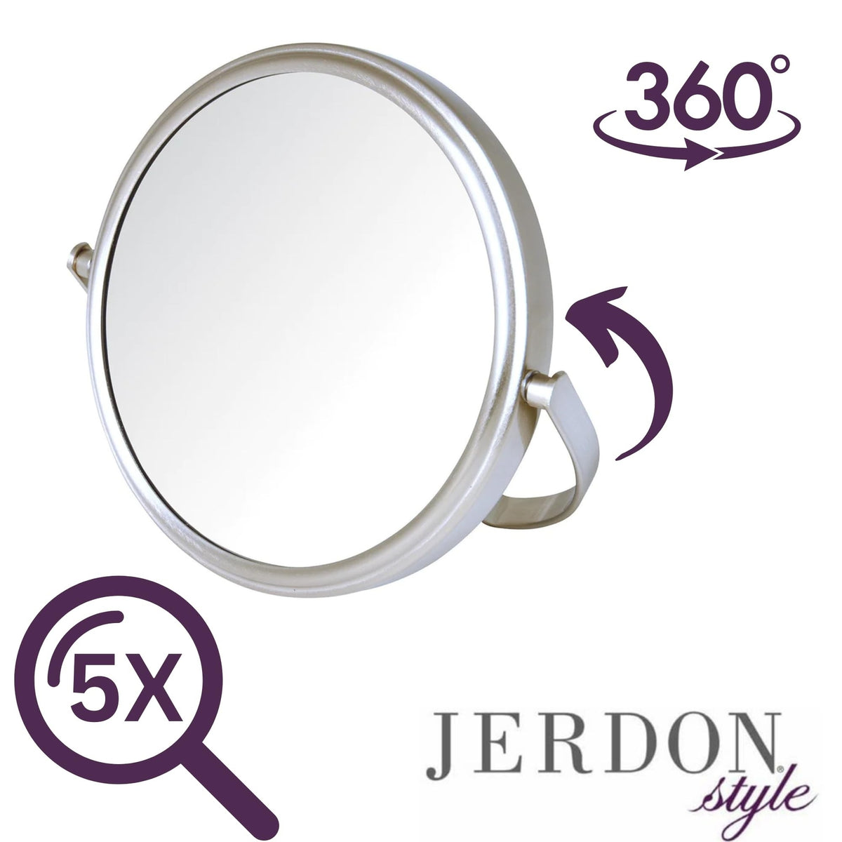 Two-Sided Tabletop Makeup Mirror with 5X Magnification - Swivel Design, Nickel Finish