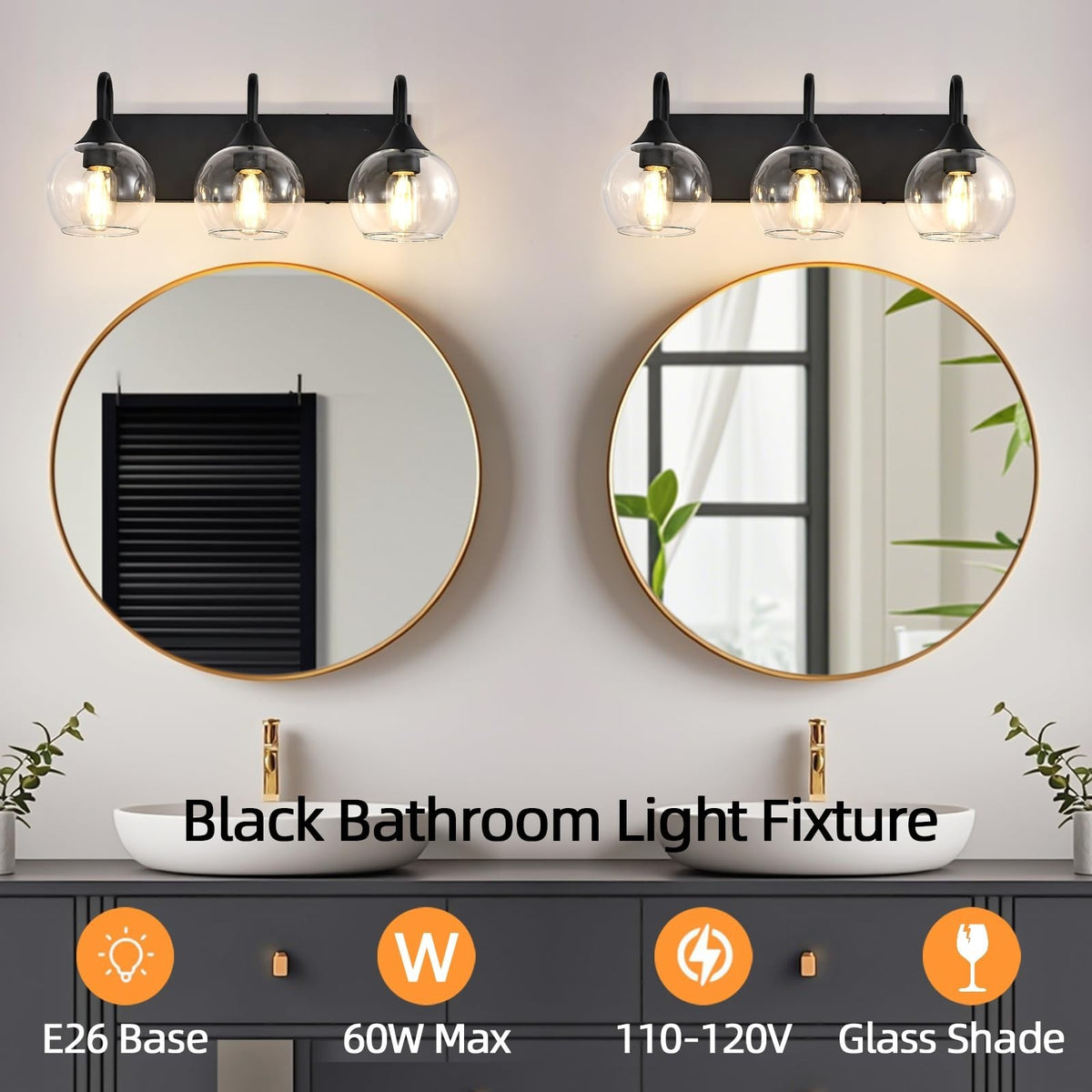 3-Light Matte Black Bathroom Vanity Light with Glass Globe Shades
