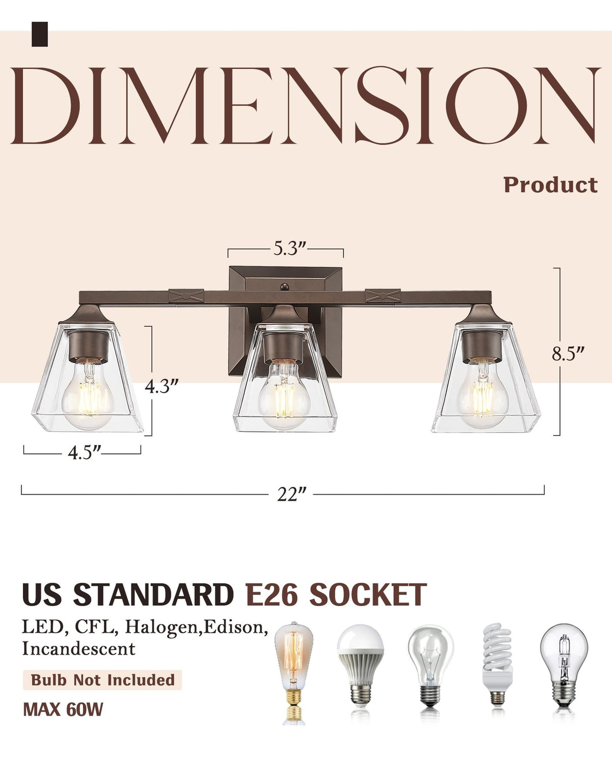 Farmhouse Bathroom Light Fixtures - 3-Light Vanity Wall Sconce with Glass Shades