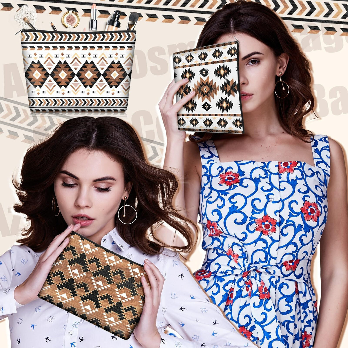 12 Pack Aztec Cosmetic Bags Western Makeup Organizer Travel Toiletry Bags