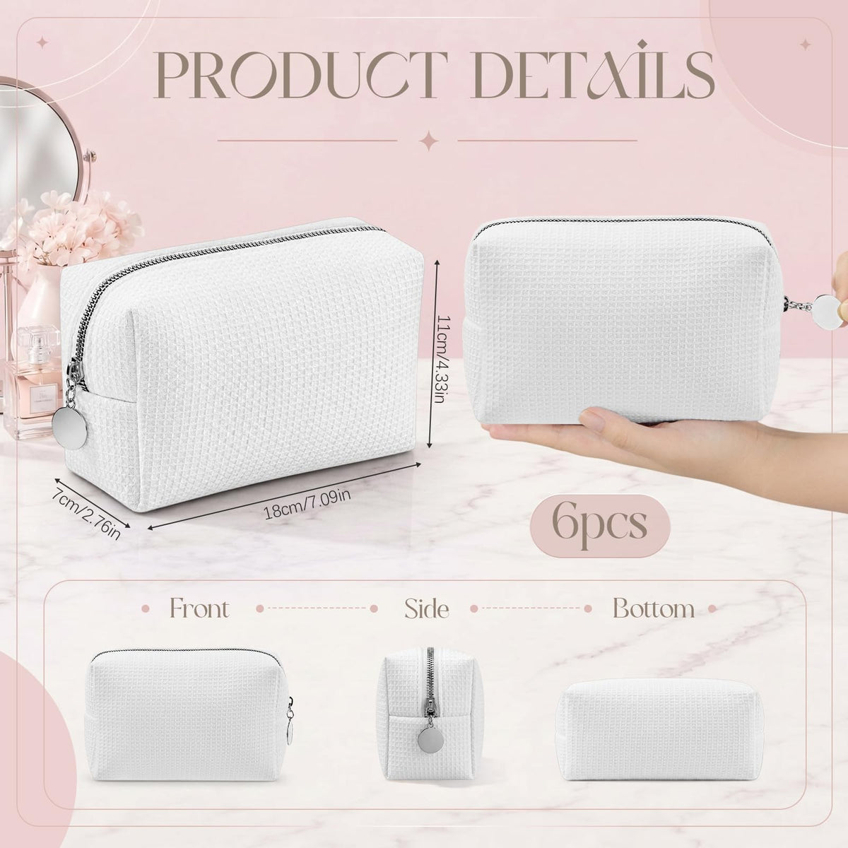 6 Pack Waffle Makeup Pouch Sets - Travel Cosmetic Organizer Bags in White