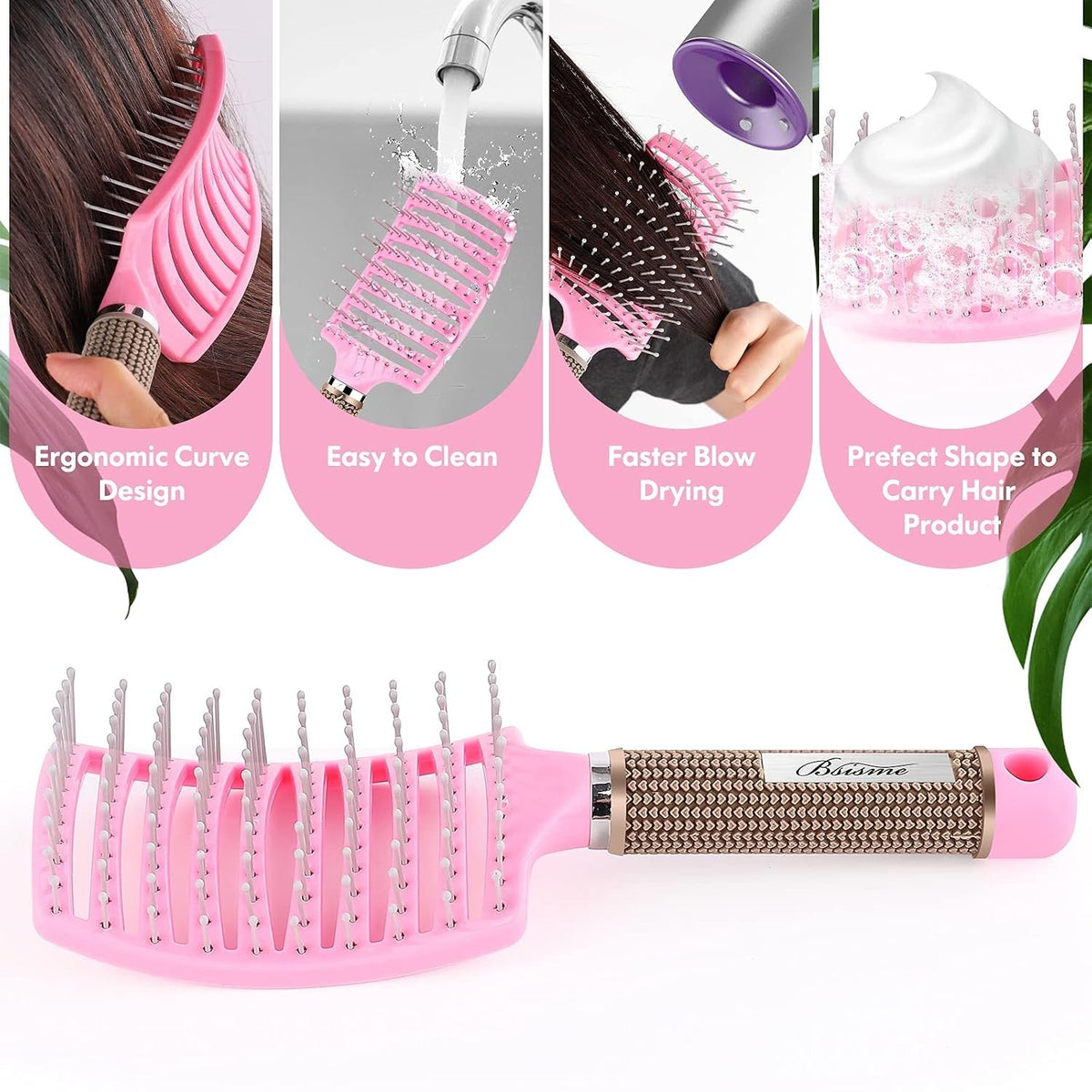 Pink Curved Vented Hair Brush for Faster Blow Drying and Styling