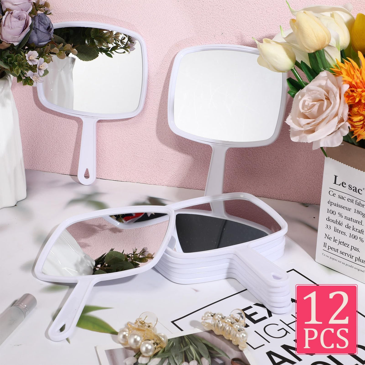 12 Pcs Hand Mirror Set with Handle White, 6.69 x 9.45 in Portable Wall Mount Included