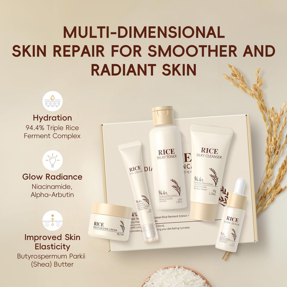 Korean Skin Care Set with Rice Cleanser 5pcs - Hydrating & Rejuvenating