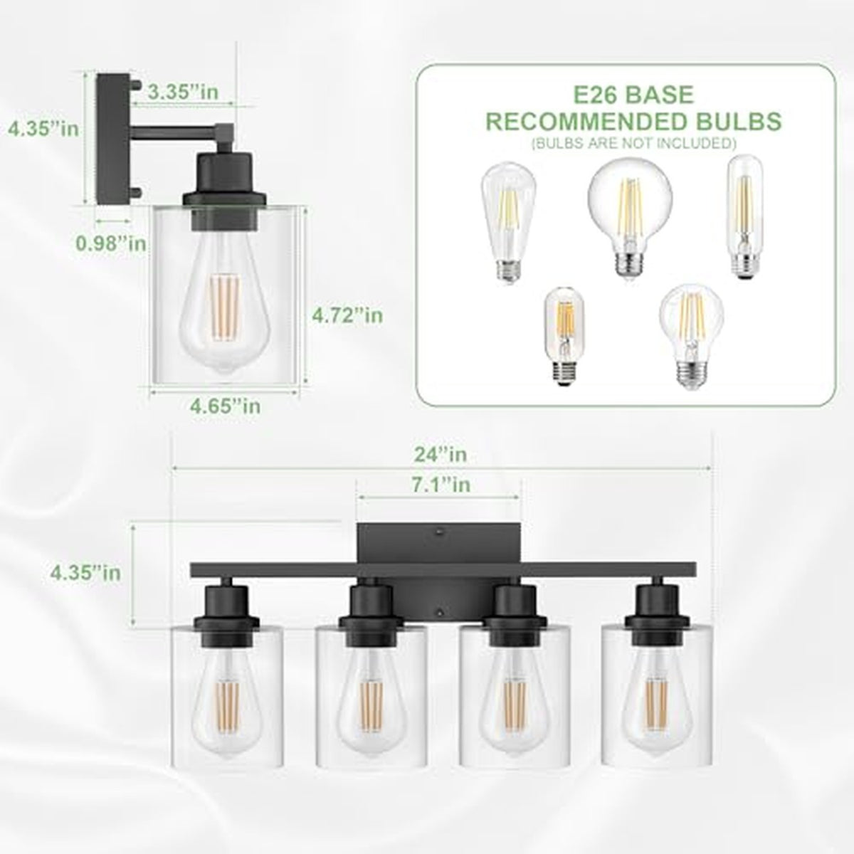 4-Light Black Bathroom Vanity Light Fixture - Modern Wall Sconce for Mirror