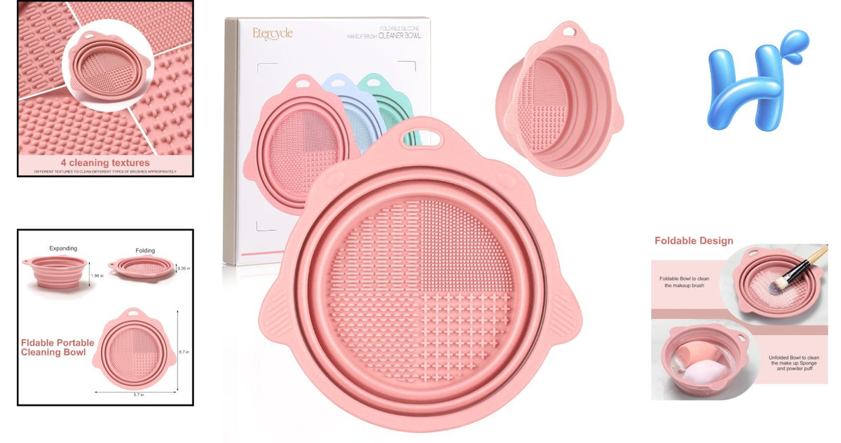 Eco-Friendly Foldable Makeup Brush Cleaner Bowl Silicone Scrubber Travel Case Pink