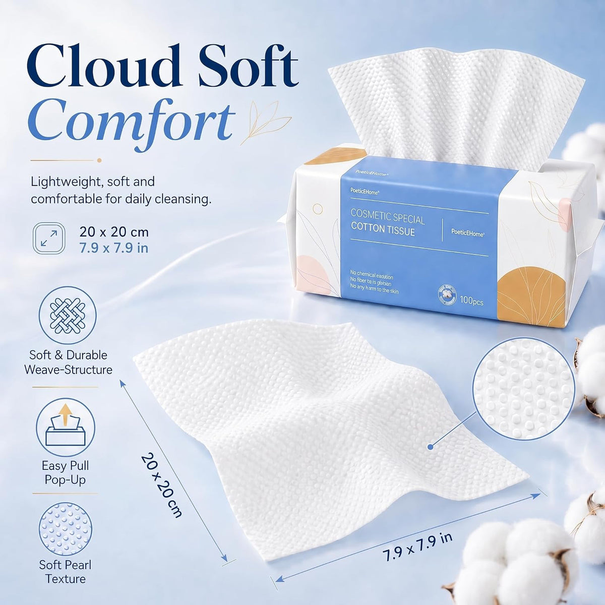 Cotton Face Tissues 6 Pack – 100% Dry Cleansing Wipes, Lint-Free Facial Towel