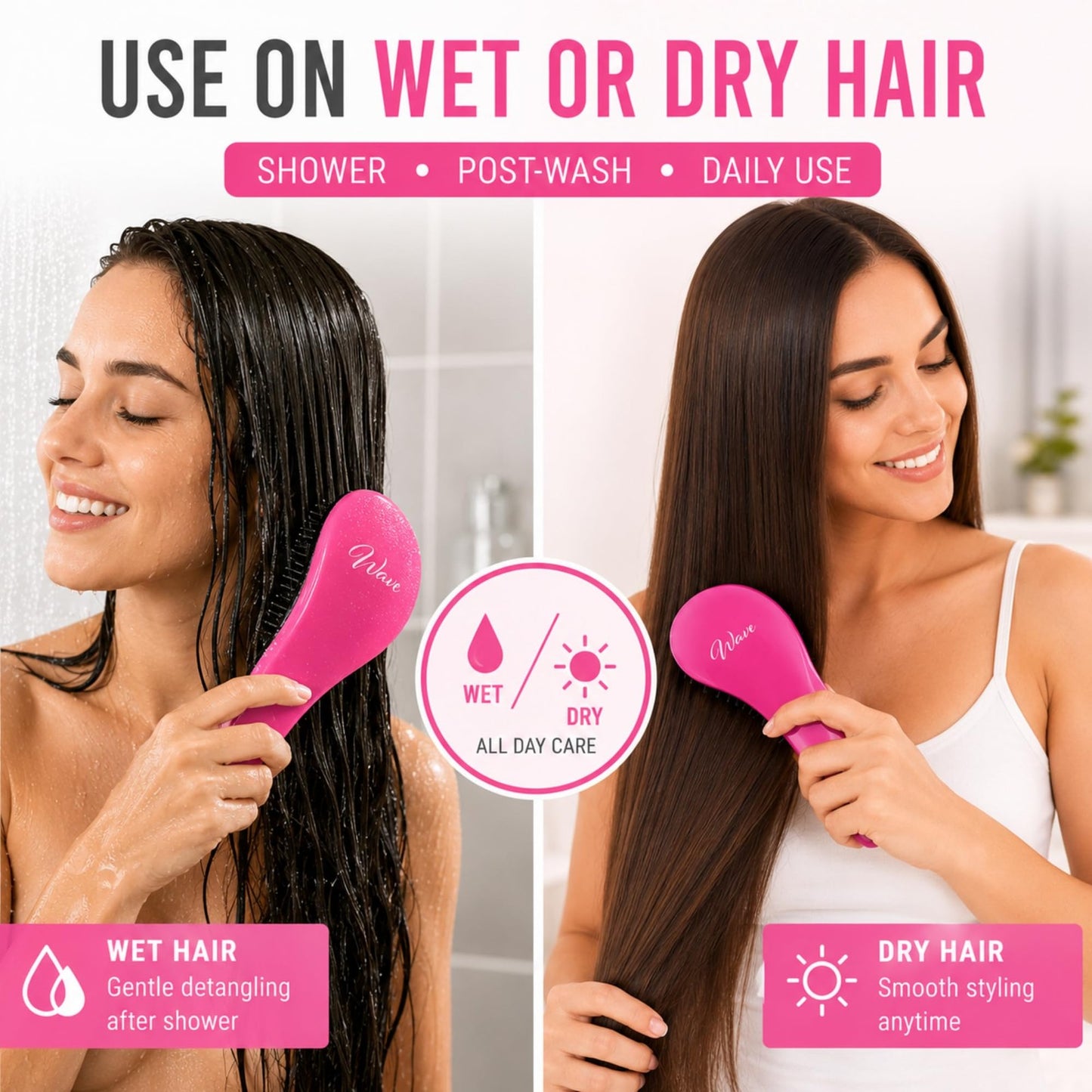 Detangling Hair Brush - Pink, Black & Grey, Pack of 4 for All Hair Types