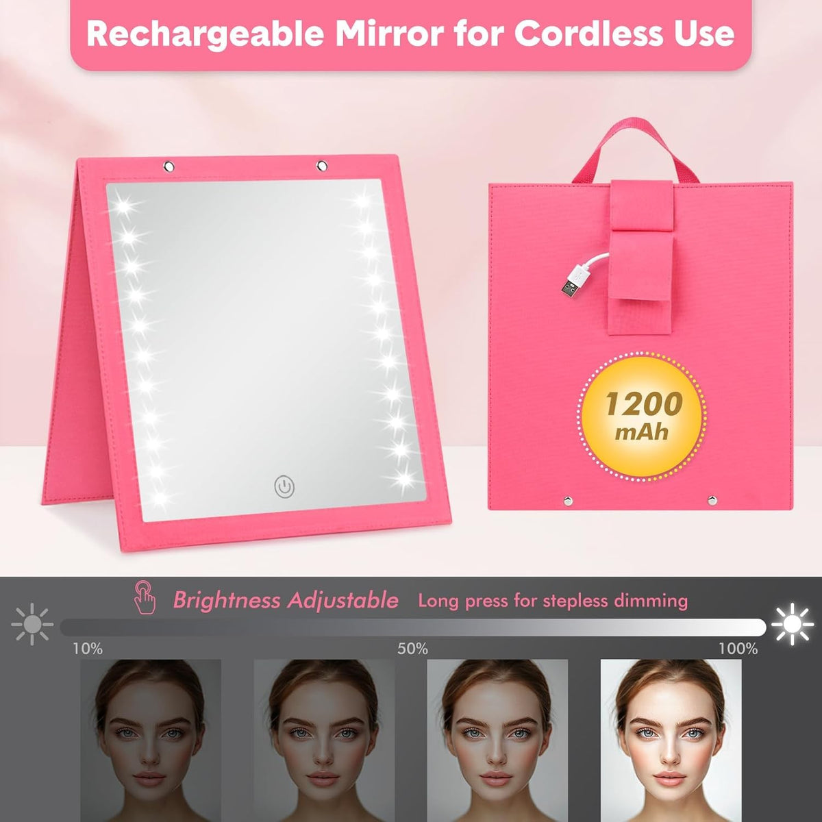 Lighted Hanging Mirror for Dance Backstage - Foldable, Rechargeable, 12.3 x 11.5 Inch, Berry