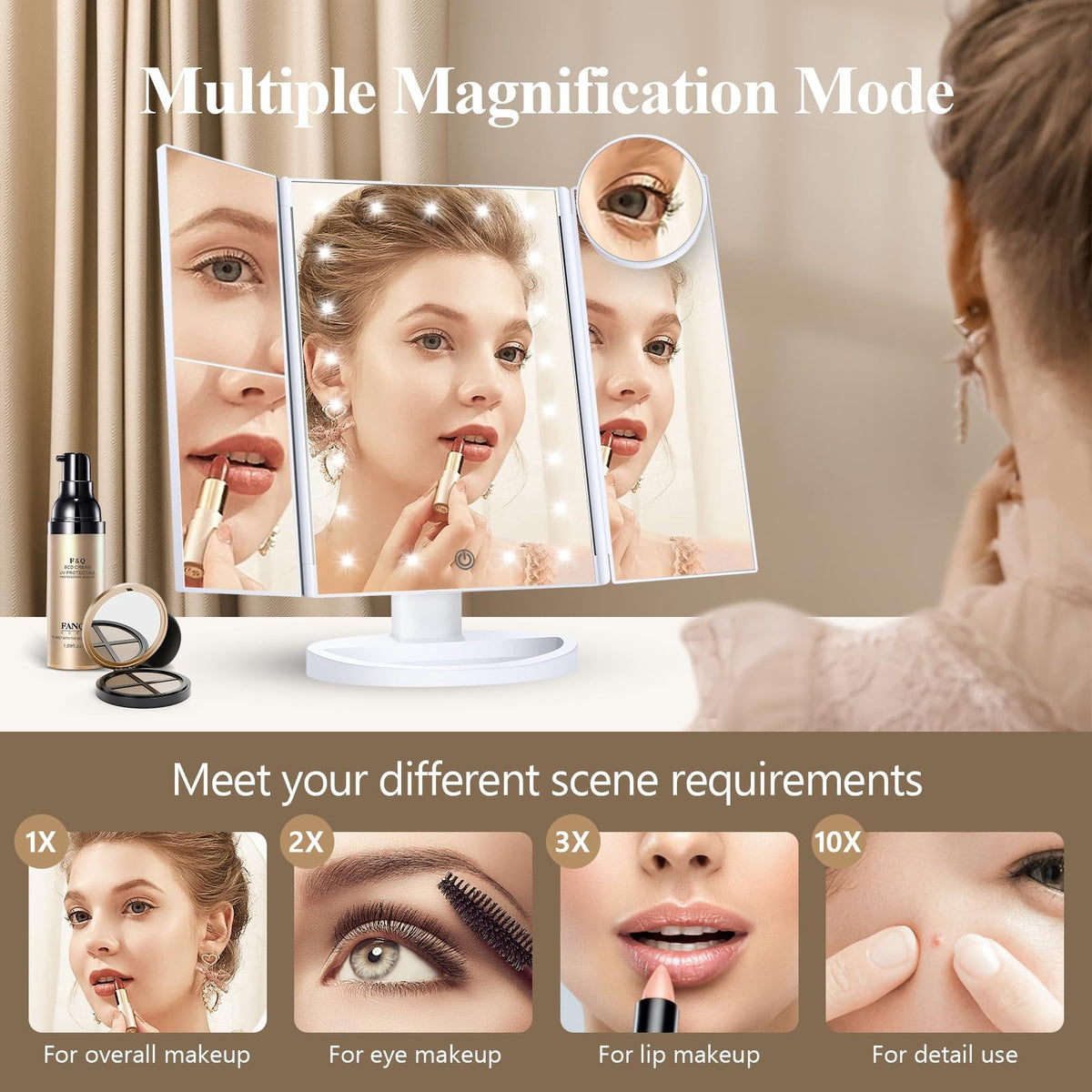 Magnifying Vanity Mirror with Lights 2X 3X 10X Trifold Makeup Mirror Portable LED