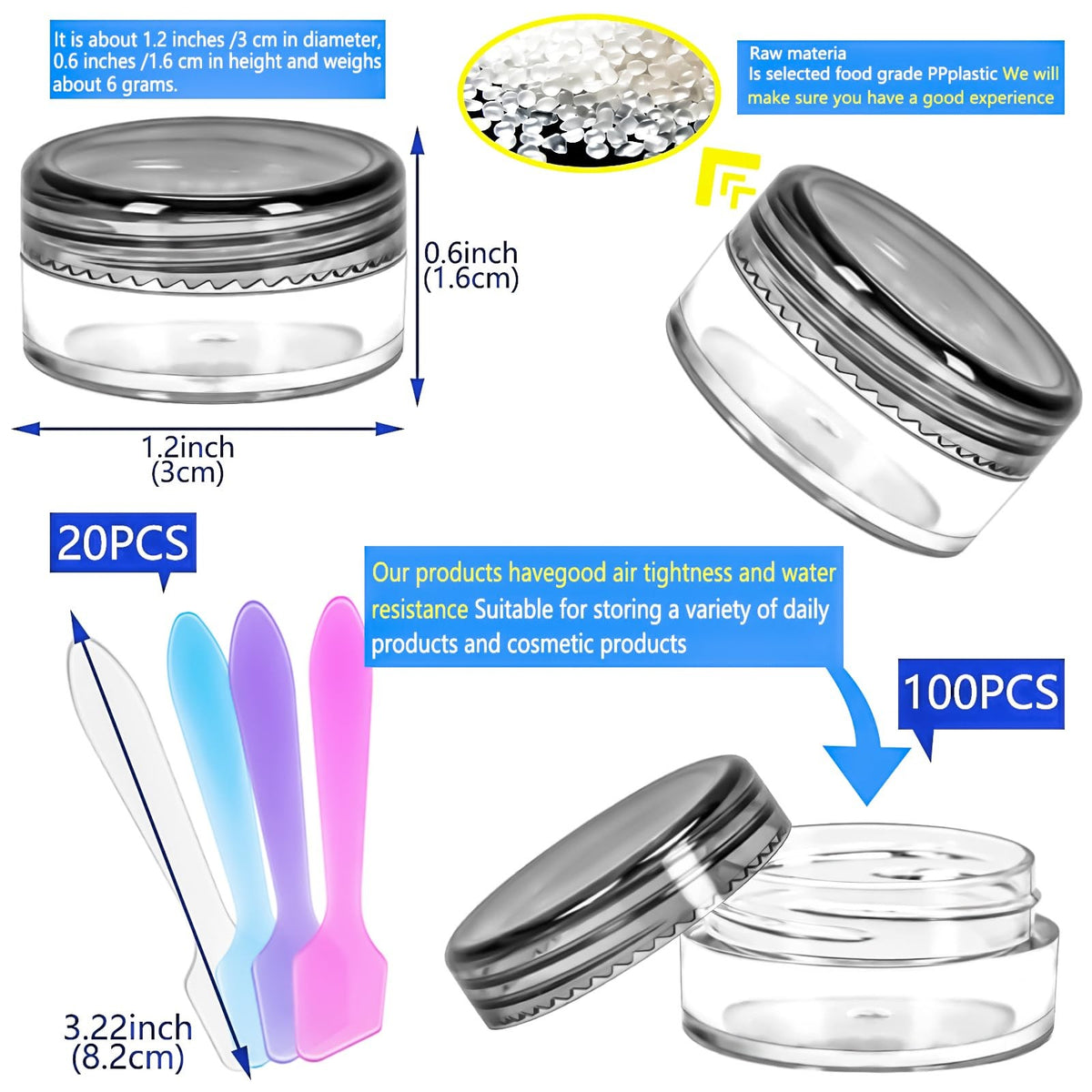 100pcs 5g Reusable Plastic Cosmetic Sample Containers with Black Lids
