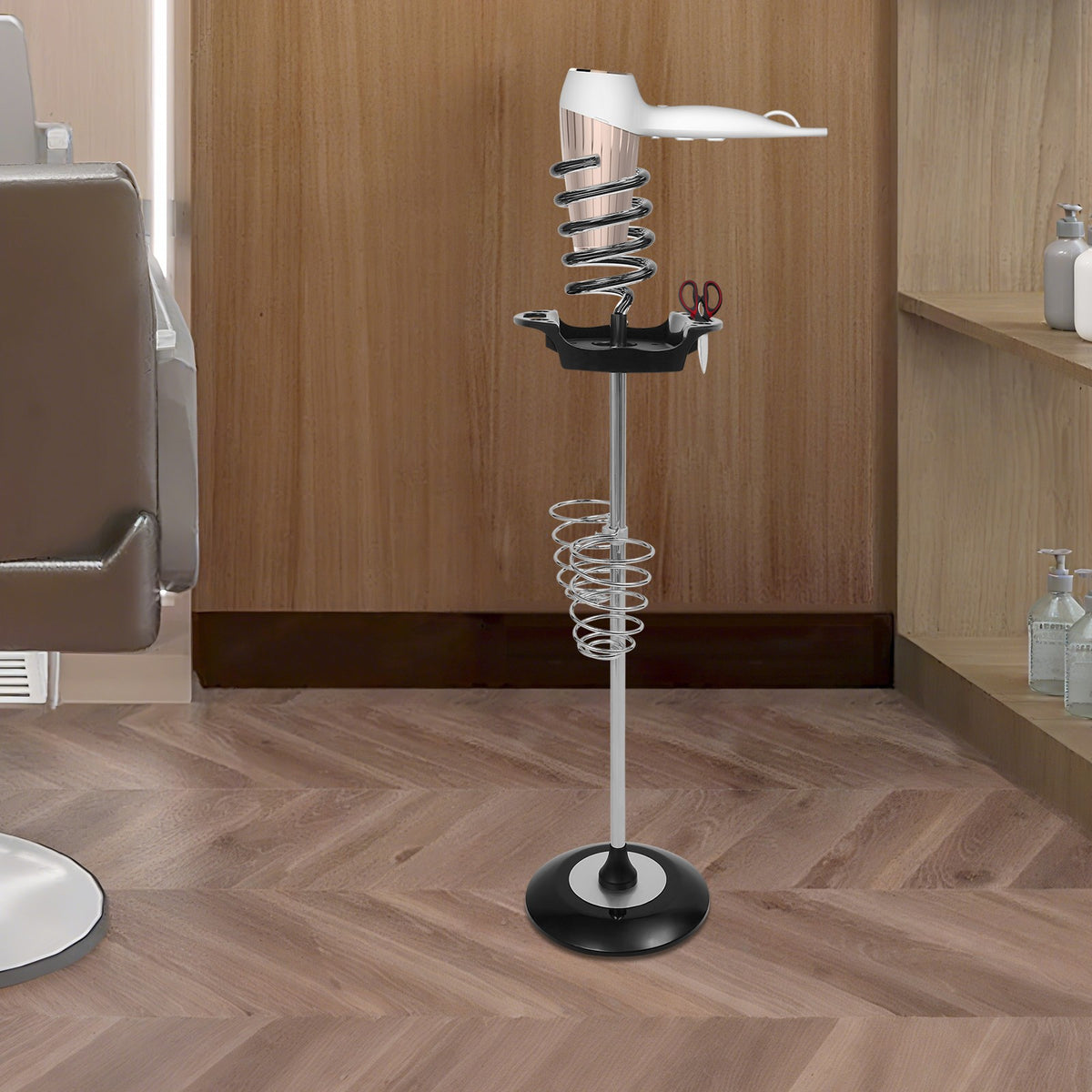 Freestanding Hair Dryer Stand with Tray & Spiral Holders, Black