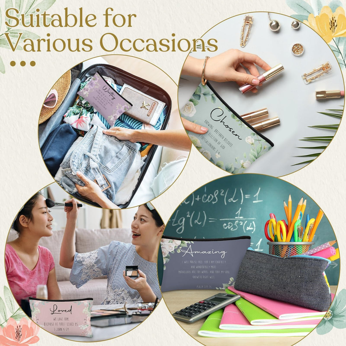 Christian Makeup Bags Set - Inspirational Bible Verse Cosmetic Pouch Bulk for Women