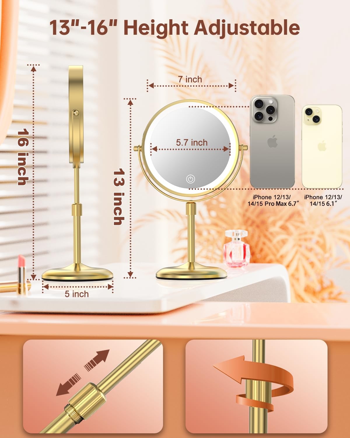 Lighted Makeup Mirror with 3 Color Lights & 10X Magnification - Adjustable Height